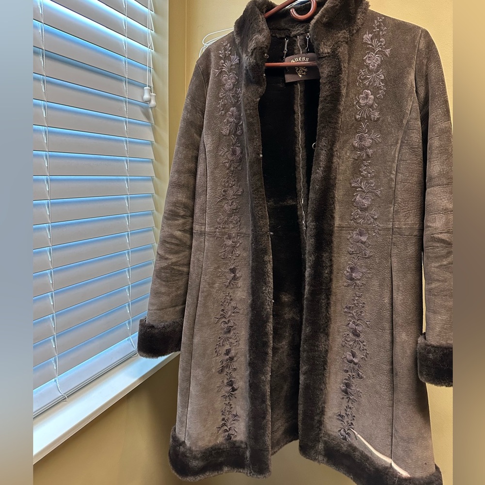 Guess Woman’s Brown Suede Floral Embroidered Coat size M